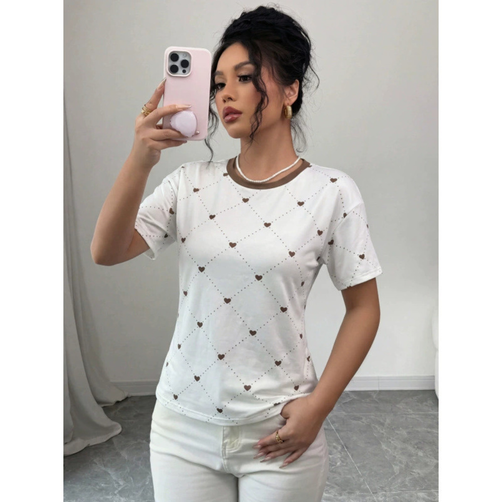ZARA Summer Elegant Round Neck Heart Polka Dot White Short Sleeve Tee
